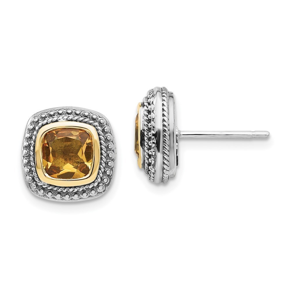 925 SS 14K Accent Antiqued Cushion Bezel Citrine Post Earrings 11 x 11 mm